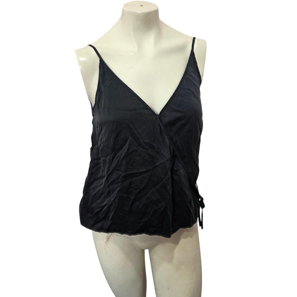 Grana 100% Silk Wrap Camisole Top M Black V Neck Spaghetti Strap Minimalist